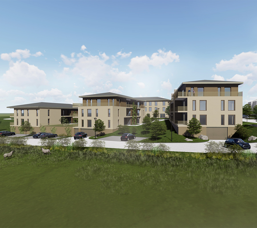 Architektonische Darstellung einer modernen Wohnanlage mit mehreren mehrstöckigen Gebäuden und Grünflächen.